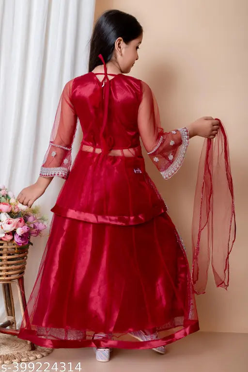 Maroon embroidered net lehenga choli, intricate work on long sleeves, perfect party/festive wear for beautiful girls aged 6-11 years