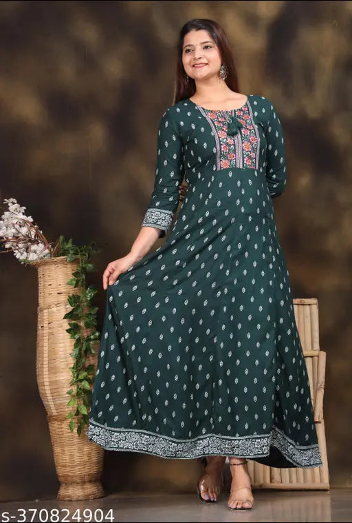Rayon floral printed anarkali kurti, three-quarter sleeves, solid print ankle length, women's fashion, Indian design