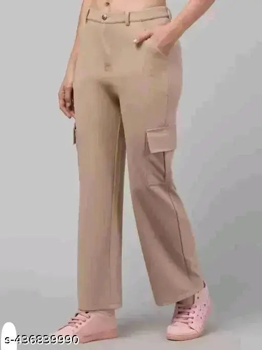 Khaki four-pocket cargo pants, waist belt pockets, elasticized cuffs