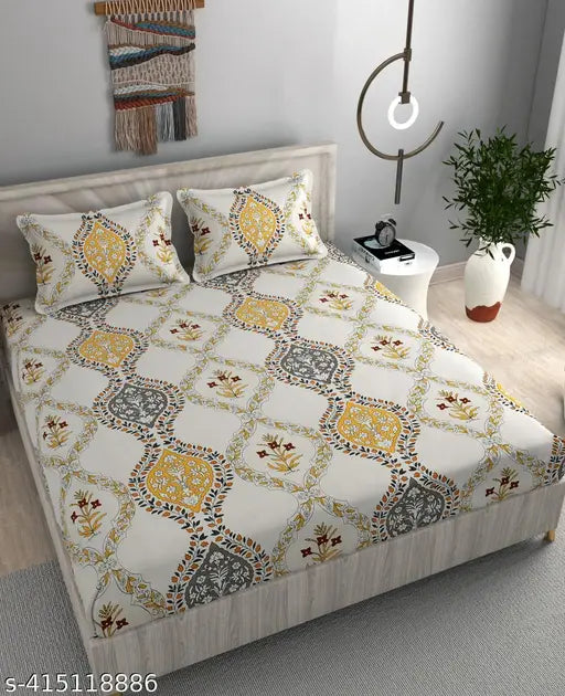 Botanical print, ultra soft elastic king size cotton bedsheet with two pillow covers, fits up to 8" mattresses