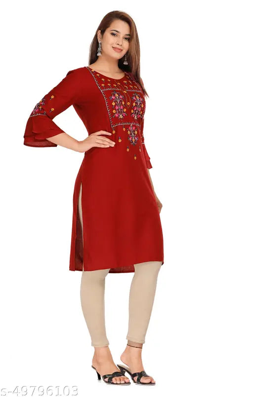Maroon rayon kurta with embroidered pattern and straight cut
