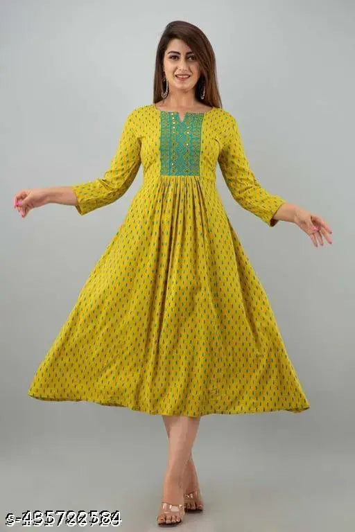 Yellow embroidered rayon anarkali kurti, three-quarter sleeves, flared fit, casual occasion