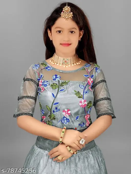 Embroidered cotton lehenga-choli set, long sleeve semi-stitched Indian wedding kids outfit in assorted colors and net fabric
