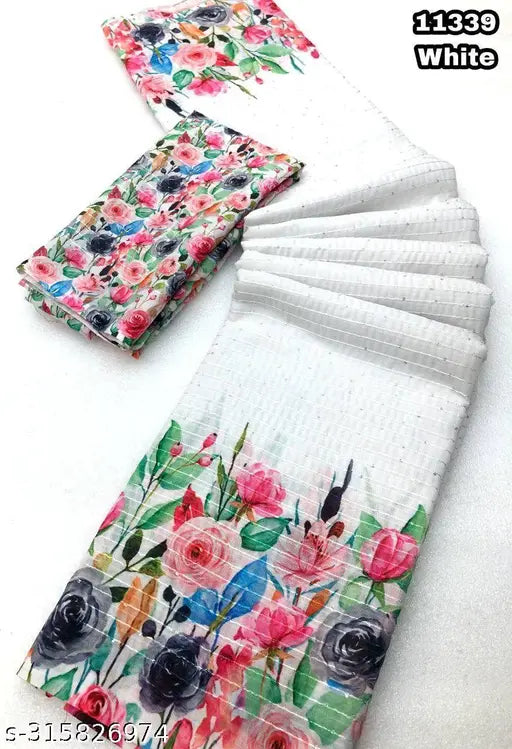 Floral print saree set, white, with matching dupatta and pallu