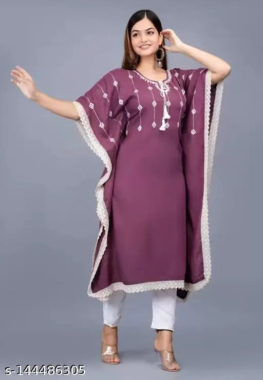 Purple rayon embroidered maxi kaftan kurta for women, perfect lounge wear for home or vacation