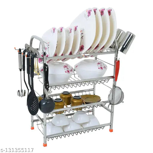 Stainless steel 4-shelf kitchen utensils rack with dish rack and plate stand