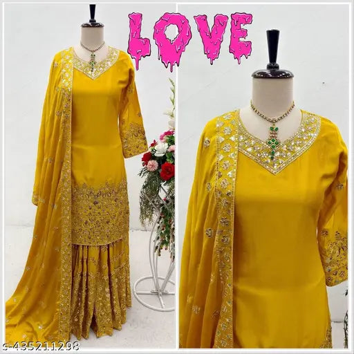 Yellow embroidered sharara outfit