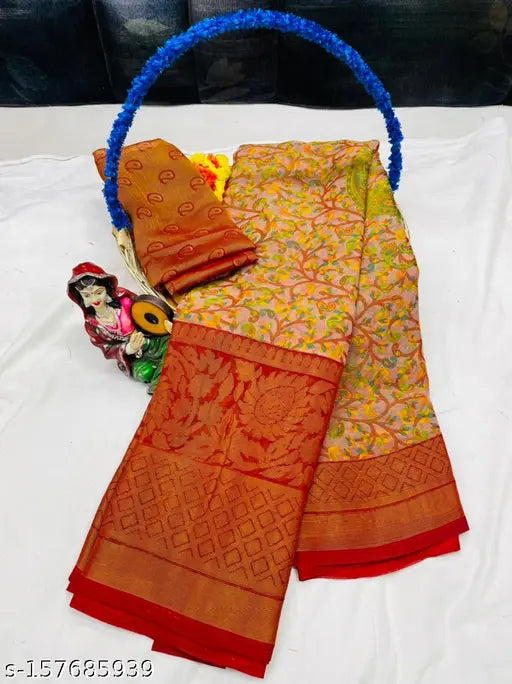Multicolor Brasso printed Chiffon saree with unstitched chiffon blouse, trendy Indian ethnic wear