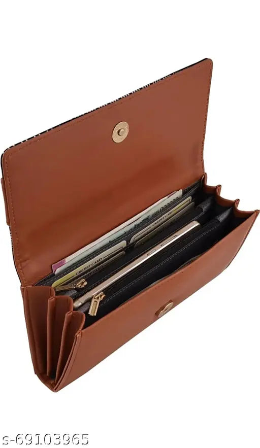 Womens faux leather wallet with peacock tan color and cum hand clutch design featuring four card pockets