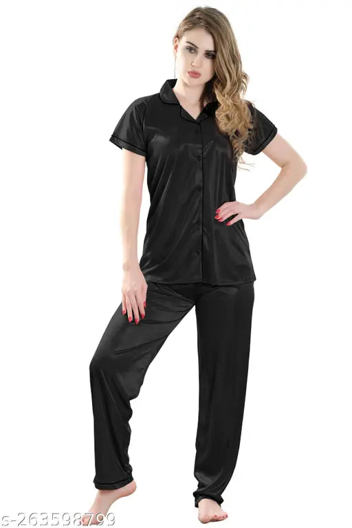 Silky satin pajama set for women, short sleeve, solid design in lightweight fabric for comfortable sleep