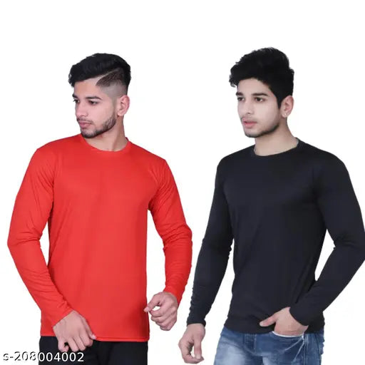 Red & Black Polyester Full-Sleeve T-Shirt Pack (2pcs), trendy solid fit for men's casual style
