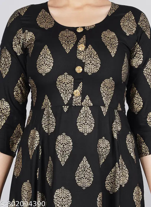 Rayon gold print Anarkali Kurti with three-quarter sleeves, beautiful and vibrant, made by Shree Ji Enterprises, India