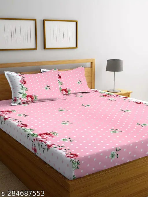 Glace cotton floral fitted double bedsheet with elastic, 72x78*8 inches, 2 matching pillow covers (17x27 inches), ideal for summer, adult use