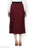 Poly Lycra solid wine pleated skirt, elastic waistband, A-line design for casual events or parties. Made in India