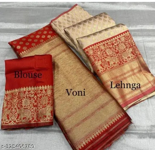 Striped red semi-stitched Lehenga Choli in Art Silk, Jacquard dupatta, and Litchi Silk zari work Choli with tussled acrylic dupatta, unstitched net length 3.75M, free size, India-made, ready to ship