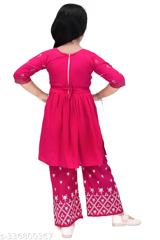 Pink color printed kid girls Naira Cut Rayon Kurta set, vibrant embroidery, A-line palazzo bottoms, festival wear