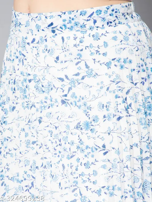 Sky blue Georgette pleated skirt with floral pattern, elastic waist for women