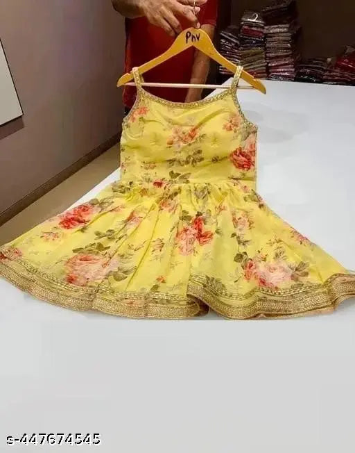 Heavy georgette print sarara paired with sequined dupatta, yellow and blue design