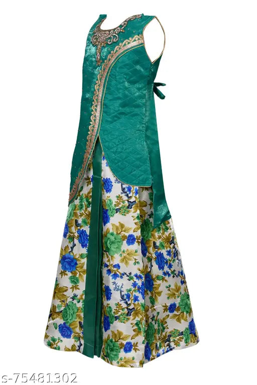 Silk blend ethnic Lehenga Choli set with net dupatta, embellished with floral stitch, ideal for children's parties and events