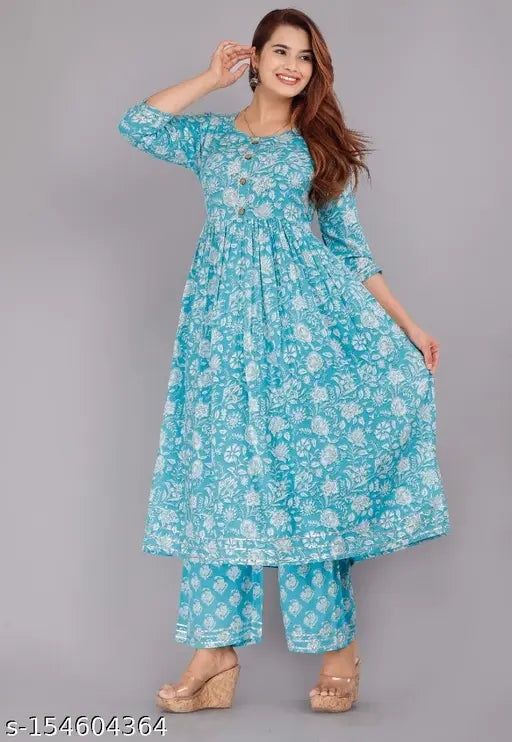 Light rayon daisy print kurta and palazzo set for women, three-quarter sleeves, pack of 2 sizes S, L, XL, and XXL