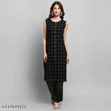 Women's cotton sleeveless kurta set with palazzo pants, checked net pattern, single size available in S, M, L, XL, made in India