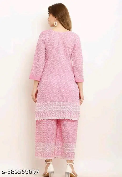 Pink Chanderi Cotton Kurta & Plazzo Set, three-quarter sleeves printed net design, pack of 2 sizes M (Bust 38in, Shoulder 14in, Kurta Waist 34in, Kurta Length 46in, Bottom Waist 30in, Bottom Length 40in), India-made