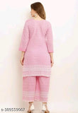 Pink Chanderi Cotton Kurta & Plazzo Set, three-quarter sleeves printed net design, pack of 2 sizes M (Bust 38in, Shoulder 14in, Kurta Waist 34in, Kurta Length 46in, Bottom Waist 30in, Bottom Length 40in), India-made