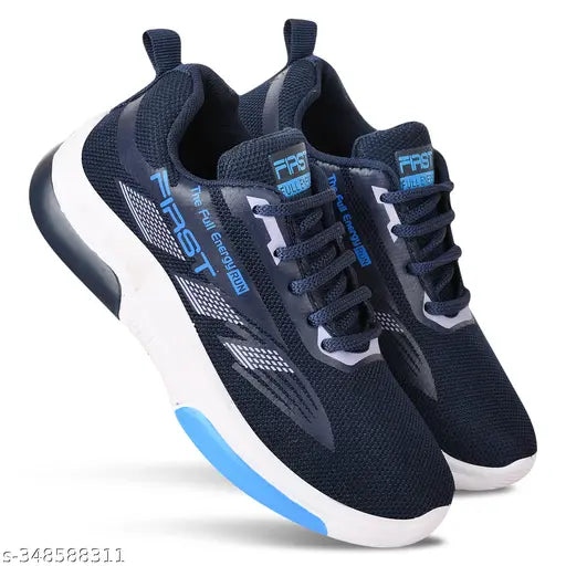 Black lace running shoes with blue shoelaces and a white midsole