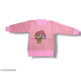 Pink acrylic sweater, cartoon face pattern round neck for baby girls, self-designed embroidery