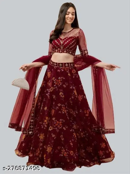 Embroidered net lehenga set with floral dupatta, semi-stitched (40m/42m waist, 2.1m length), Indian origin
