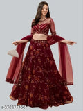 Embroidered net lehenga set with floral dupatta, semi-stitched (40m/42m waist, 2.1m length), Indian origin