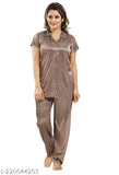 Brown stretchable satin lycra sleepwear set for women & girls, features elastic waist and side pockets, perfect for lounge and sleepwear