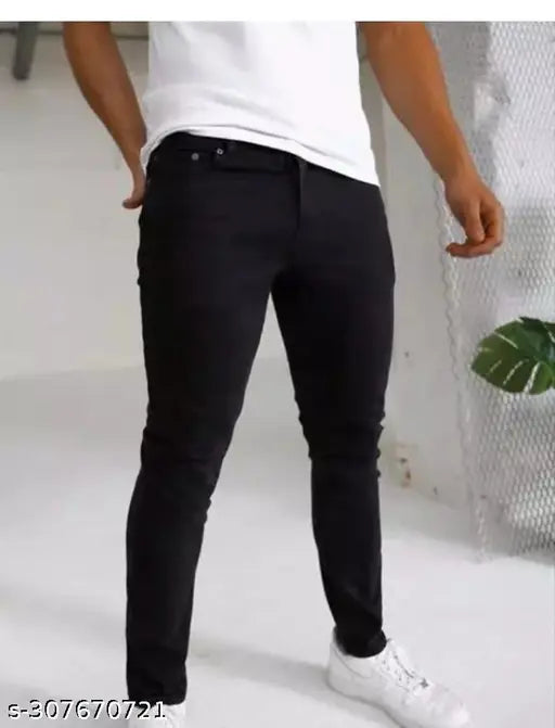 Plain black cotton blend jeans for men by Flaying Men S2IQO, size 28, 30, or 32