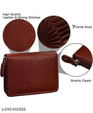 Brown leather multi-slot wallet with zip closure, perfect for storing cards and cash. Made in India