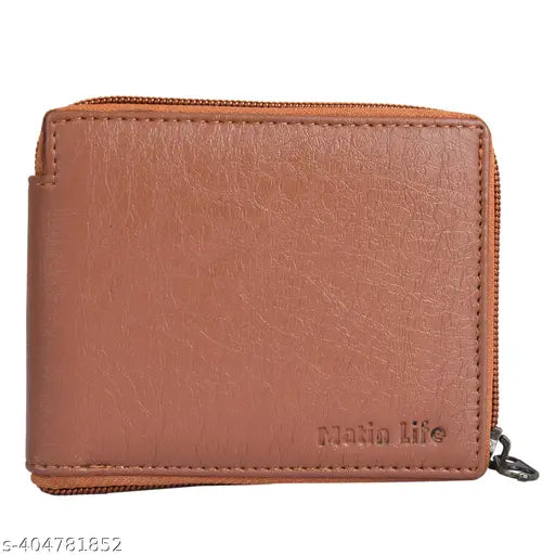 Tan PU leather men's wallet with round chain closure, camouflage pattern, 2 compartments, and coin pocket. Indian-made accessory for modern gentlemen