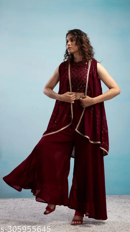 Georgette crop halter neck top with embroidered flared shrug and palazzo, Indian party wear set in different hues