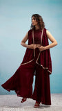 Georgette crop halter neck top with embroidered flared shrug and palazzo, Indian party wear set in different hues