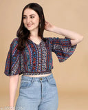 Crepe, three-quarter sleeve, printed top. Girls crop top or women's fashion top, India origin