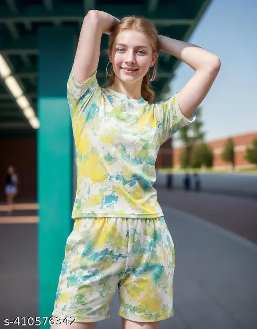 Pastel watercolor women's short set, printed, polyester fabric, pyjamas style, suitable for breezy beach nights, India origin