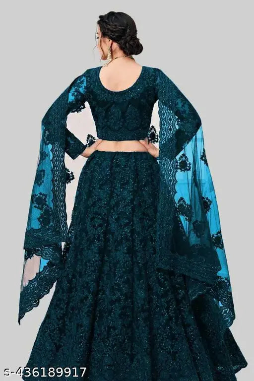 Pure net women's lehenga-choli set, satin top with botanical print, embroidered dupatta, free size, India origin