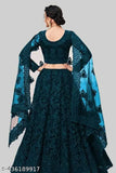 Pure net women's lehenga-choli set, satin top with botanical print, embroidered dupatta, free size, India origin
