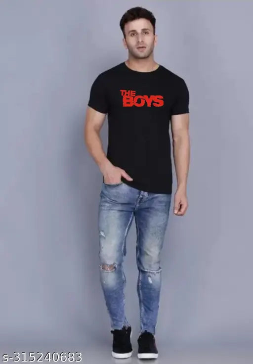 Black cotton blend men's round neck half sleeve T-shirt with printed design, ideal for men and boys of various body types