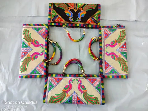 Colorful, embroidered handbag with two handles and four card slots