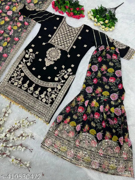 Black heavy faux georgette designer sharara suit set with embroidery