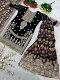 Black heavy faux georgette designer sharara suit set with embroidery