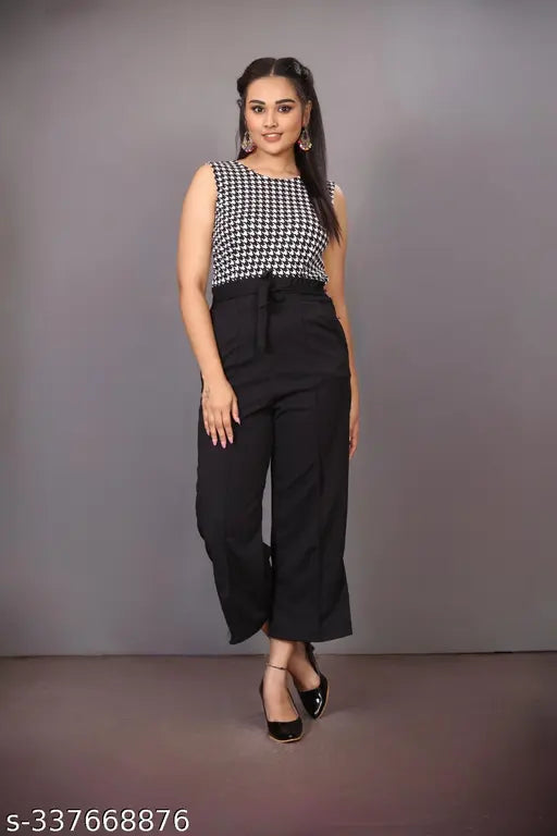Black lycra sleeveless printed net jumpsuit for women, fashionable off clothing piece on mannequin