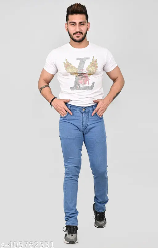 Light blue denim men's jeans with five-pocket styling. Premium cotton blend offers comfort and durability. Mid-rise, skinny fit, machine washable." (98 characters)