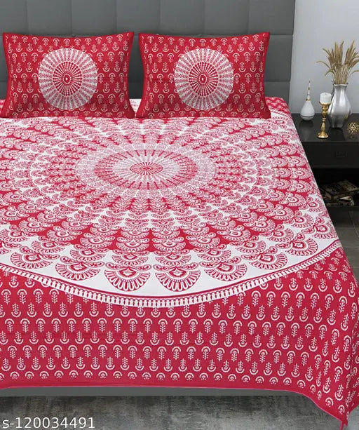 Double size Jaipuri cotton bedsheet with matching pillow covers, featuring vibrant Rajasthani prints. Ideal for adult use, 180 thread count