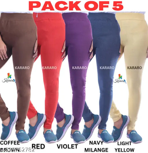 Stylish cotton blend jeggings pack of 5, hoseiery cotton waste recycled with polyester. Comfortable and trendy women's pants from KARARO. Medium quality jeggings available in sizes 26-34 & free size. Made in India