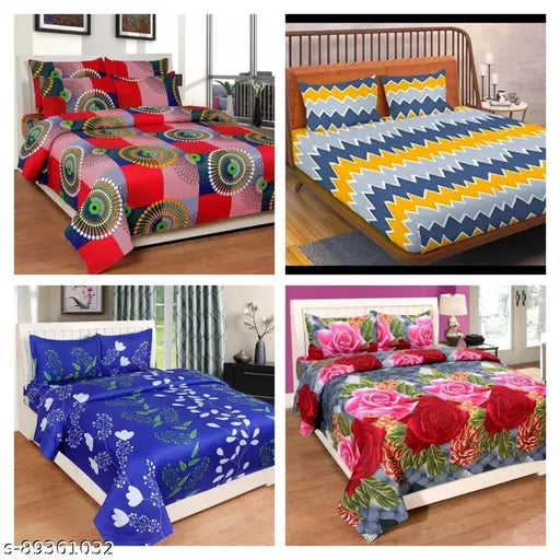 Disha Creations combo of 4 double bed king size 90x90 bedsheet sets with 8 pillow covers, 100% cotton, assorted colors and patterns, machine washable
